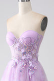 Lavender Printed Strapless Corset Prom Dress with Beading