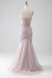 Sparkly Blush Strapless Mermaid Corset Prom Dress with Appliques