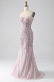 Sparkly Blush Strapless Mermaid Corset Prom Dress with Appliques