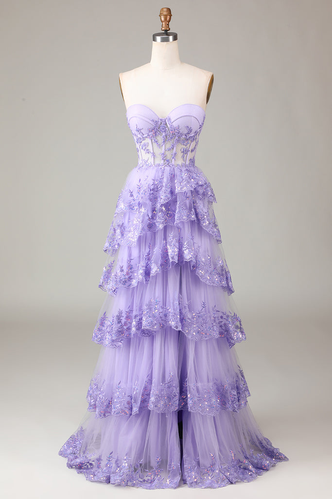 Lilac Sheath Strapless Corset Ball Dresses With Lace Appliques main image 0