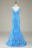 Sparkly Blue Deep V-neck Mermaid Prom Dress