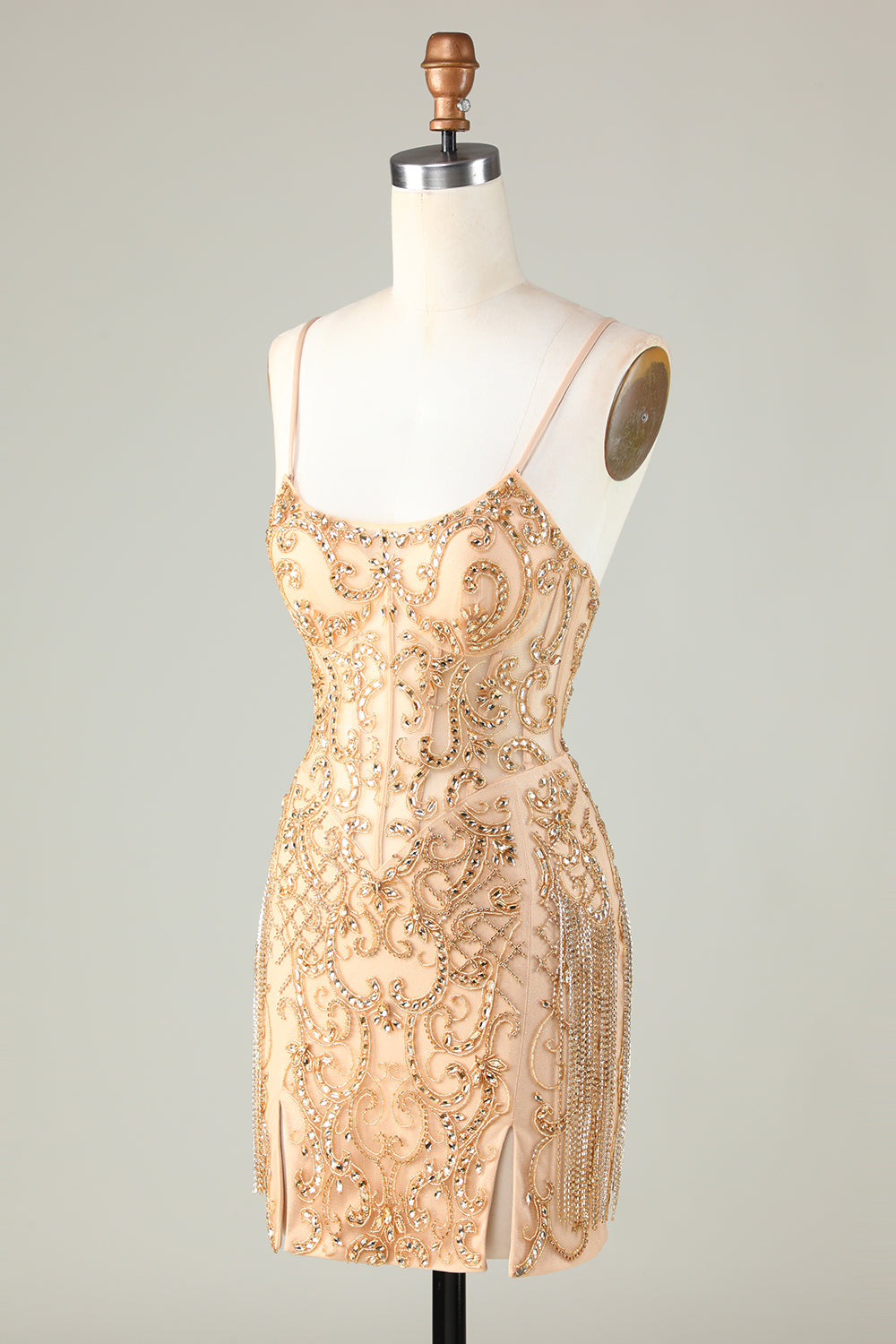 Spaghetti Straps Golden Tight Homecoming Dress with Beading