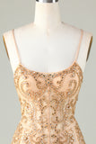 Spaghetti Straps Golden Tight Homecoming Dress with Beading