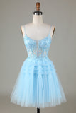 Blue Glitter A Line Cute Homecoming Dress with Appliques