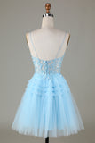 Blue Glitter A Line Cute Homecoming Dress with Appliques