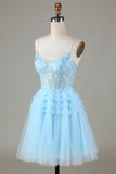 Blue Glitter Cute Homecoming Dress with Appliques