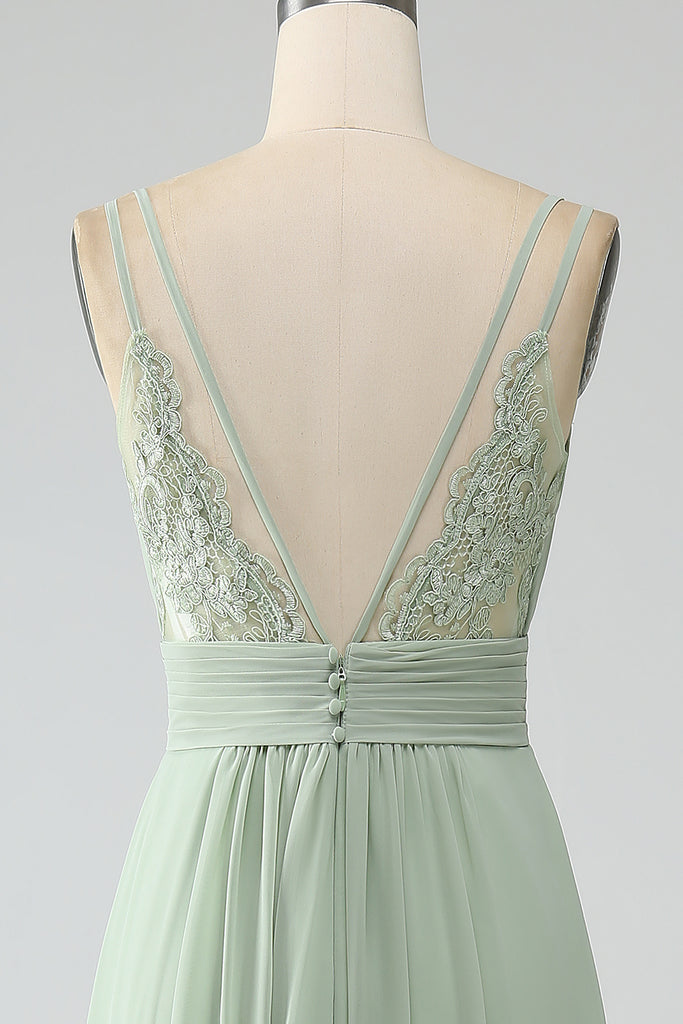 Modest Dusty Sage Chiffon A-Line Halter neckline Back Zip Ankle-Length Bridesmaid Dress