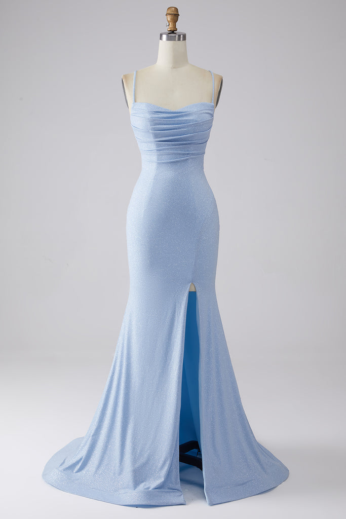 Mermaid Straps Light Blue Satin Prom Dresses with Slit LBQ2704