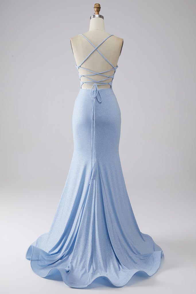 Sparkly Blue Strapless Mermaid Pleated Ball Dress with Slit