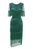 Dark Green Round Neck 1920s Dress With Fringes