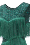 Dark Green Round Neck 1920s Dress With Fringes