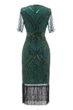 Dark Green Short Sleeves 1920s Dress With Fringes