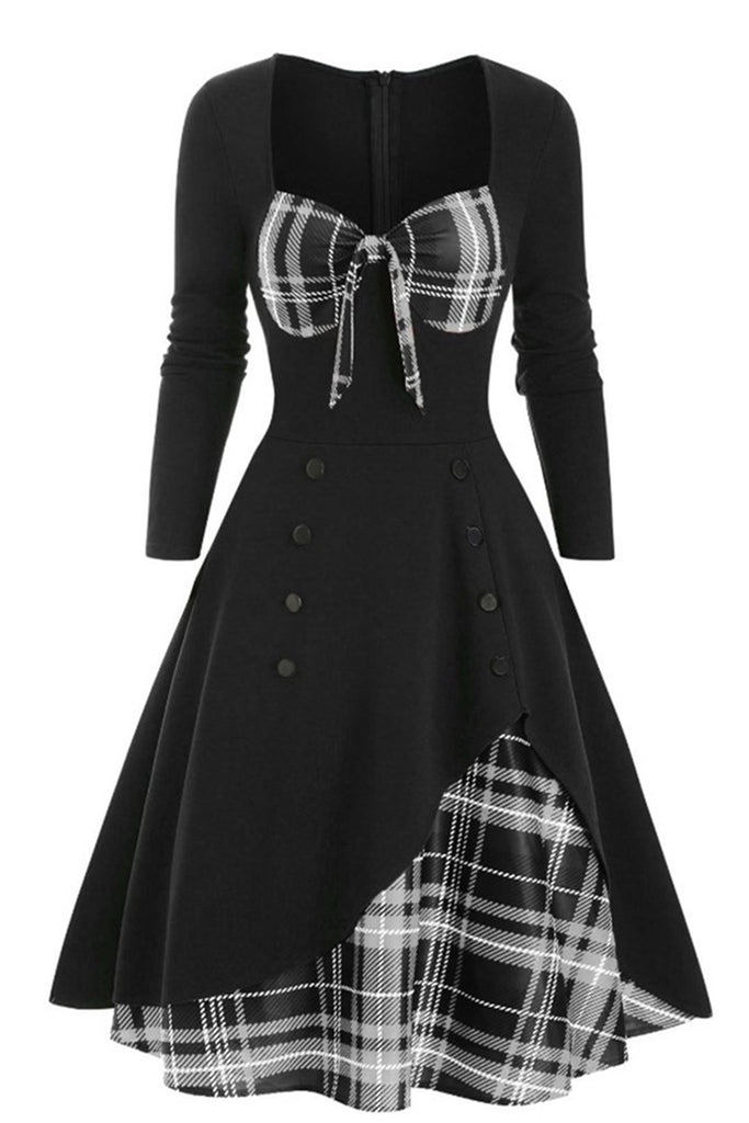 ZAPAKA Women Vintage Dress Black Plaid A-line 1950s Dress with Long Sleeves