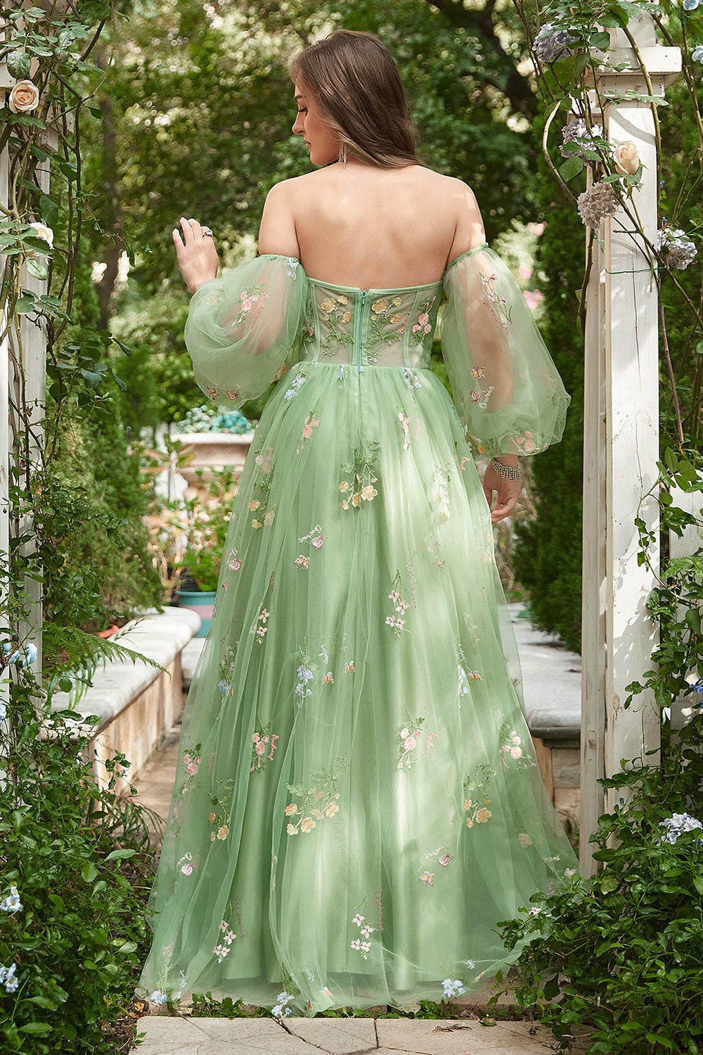 Off The Shoulder Green Long Sleeves A-Line Tull Prom Dress