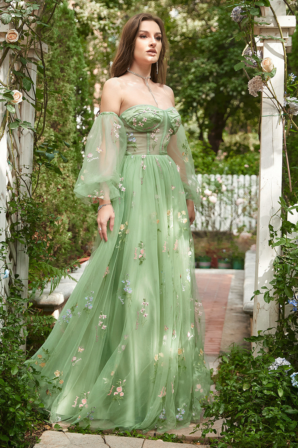 Off The Shoulder Green Long Sleeves A-Line Tull Prom Dress
