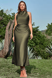 Sheath Cowl Neck Olive Tea Length Plus Size Prom Dress with Open Back