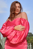 Sheath Off the Shoulder Fuchsia Plus Size Prom Dress with Long Sleeves