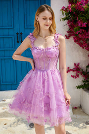 Purple A Line Corset Homecoming Dress with 3D Butterflies