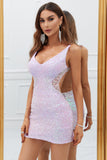 Sparkly Lilac Open Back Sequins Tight Short Homecoming Dress