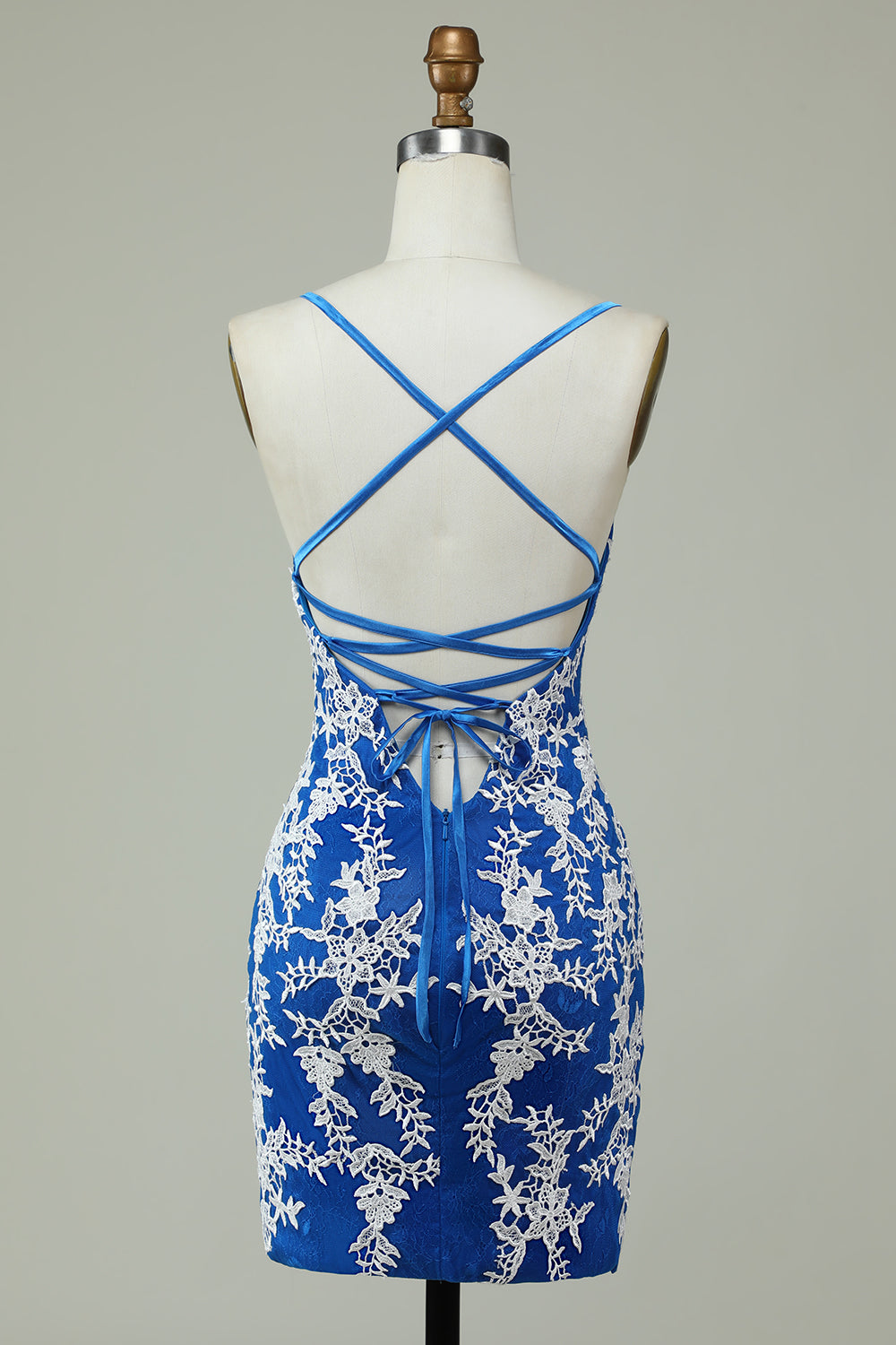 Spaghetti Straps Blue Sheath Homecoming Dress With Appliques