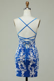Spaghetti Straps Blue Sheath Homecoming Dress With Appliques