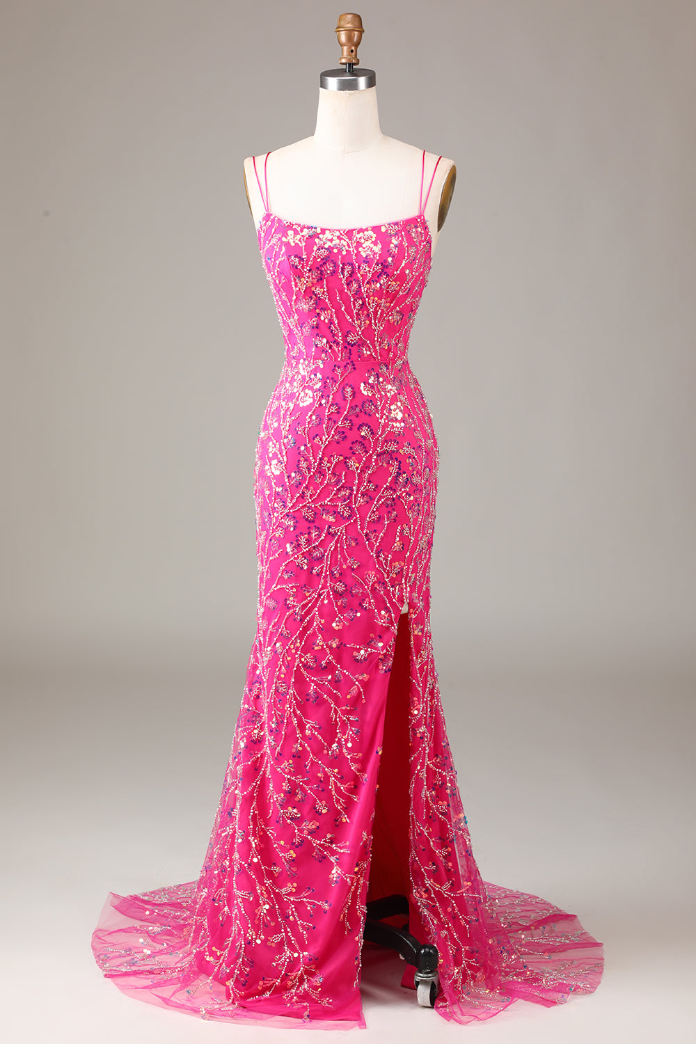 Hot Pink Sequins & Beaded Mermaid Prom Dress with Slit