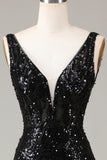 Black Sparkly Depp V-neck Mermaid Prom Dress with Feathers