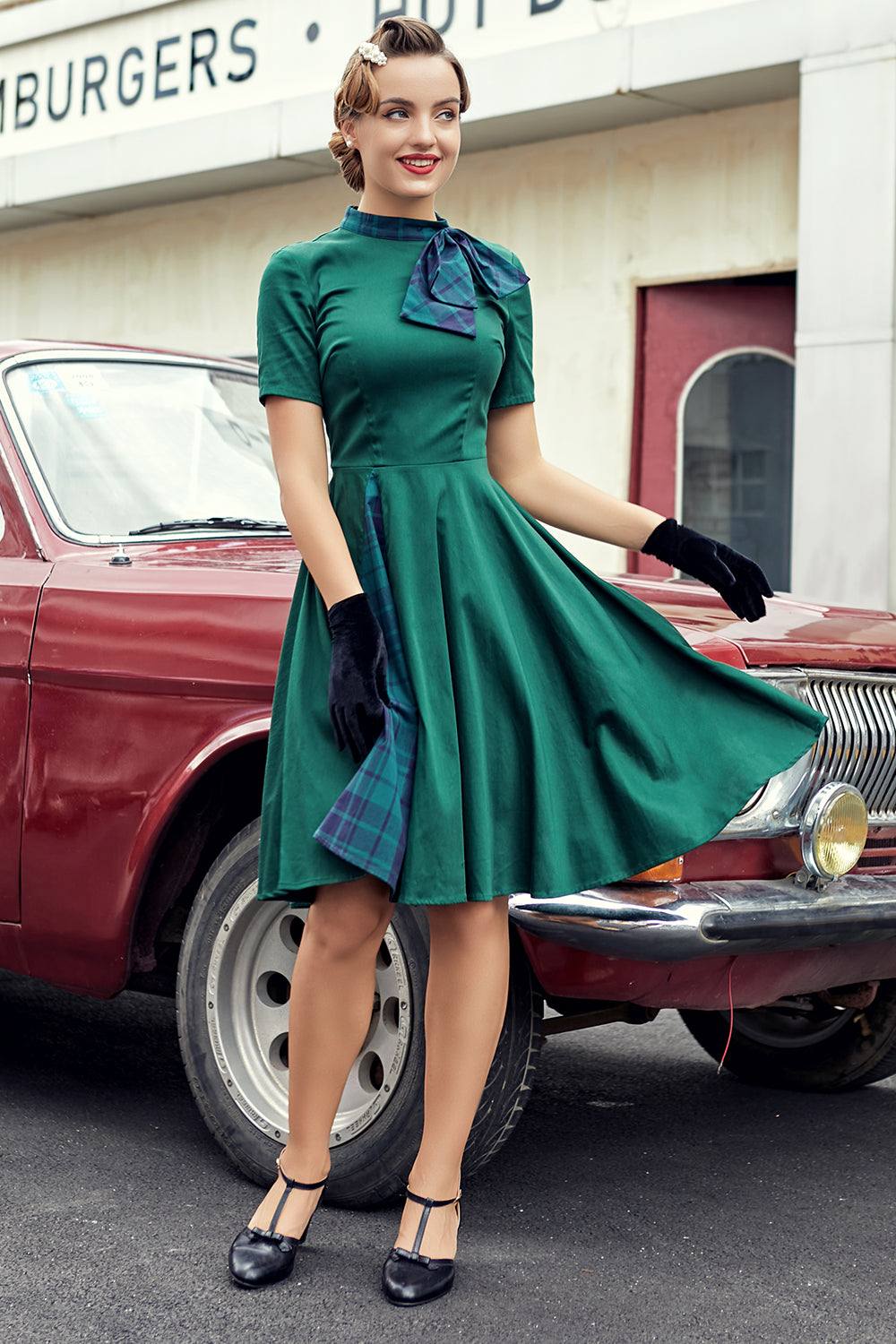 Green Plaid Swing Vintage 1950s Dress