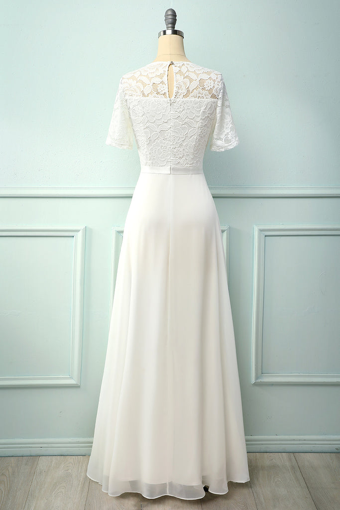 Zapaka Elegant White A-line Long Chiffon Short Sleeves Wedding ...