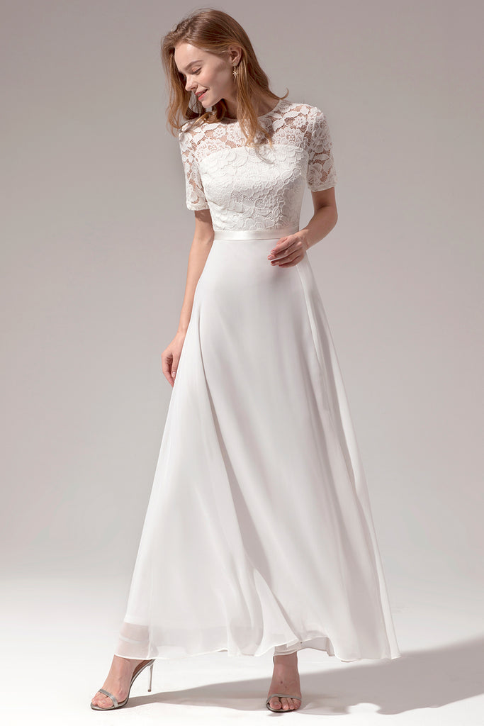Zapaka Elegant White A-line Long Chiffon Short Sleeves Wedding