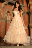Princess A Line Champagne Long Prom Dress with Embroidery