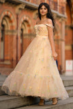 Princess A Line Champagne Long Prom Dress with Embroidery