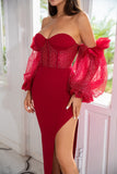 Sheath Off the Shoulder Burgundy Party Dress with Beading