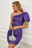 Purple One Shoulder Puff Sleeves Sequined Homecoming Dress
