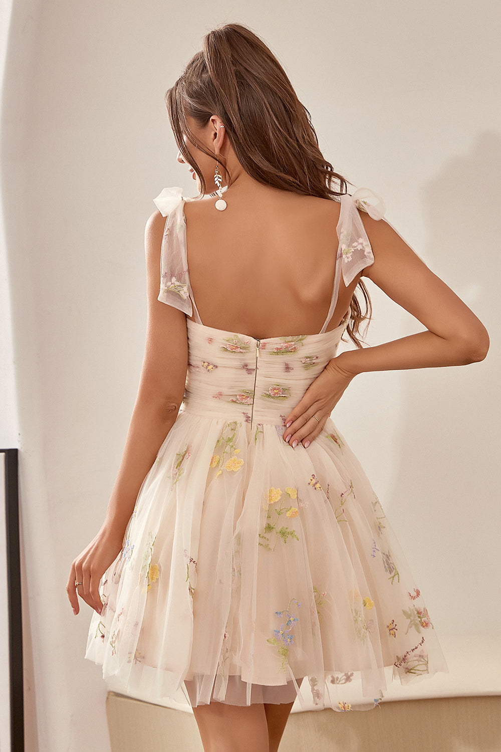 Cute A Line Spaghetti Straps Champagne Homecoming Dress with Embroidery