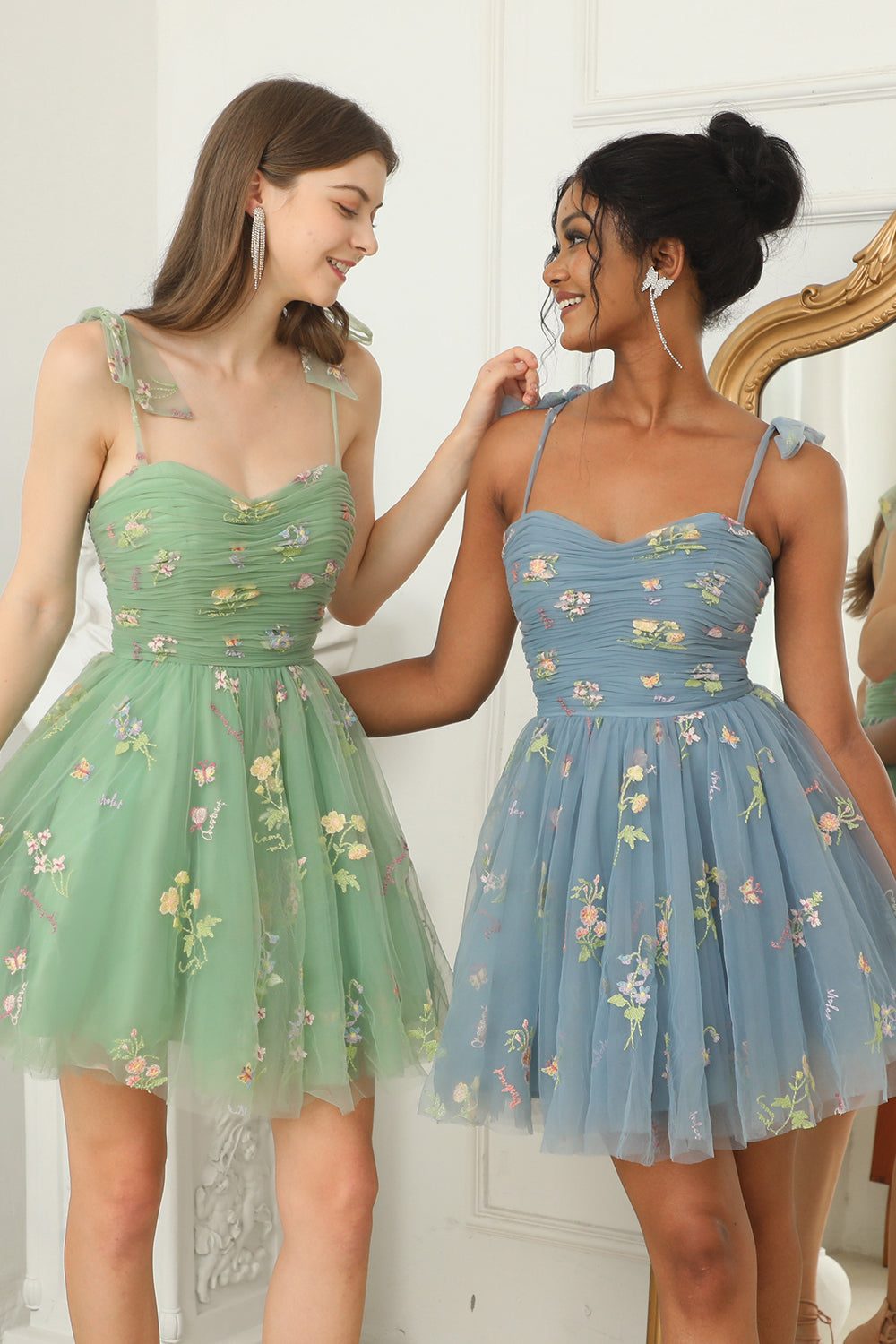 Cute A Line Spaghetti Straps Champagne Homecoming Dress with Embroidery