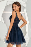 Navy Backless Short Cocktail Dress with Appliques