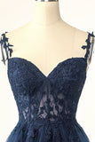 Navy Spaghetti Straps Short Homecoming Dress with Appliques