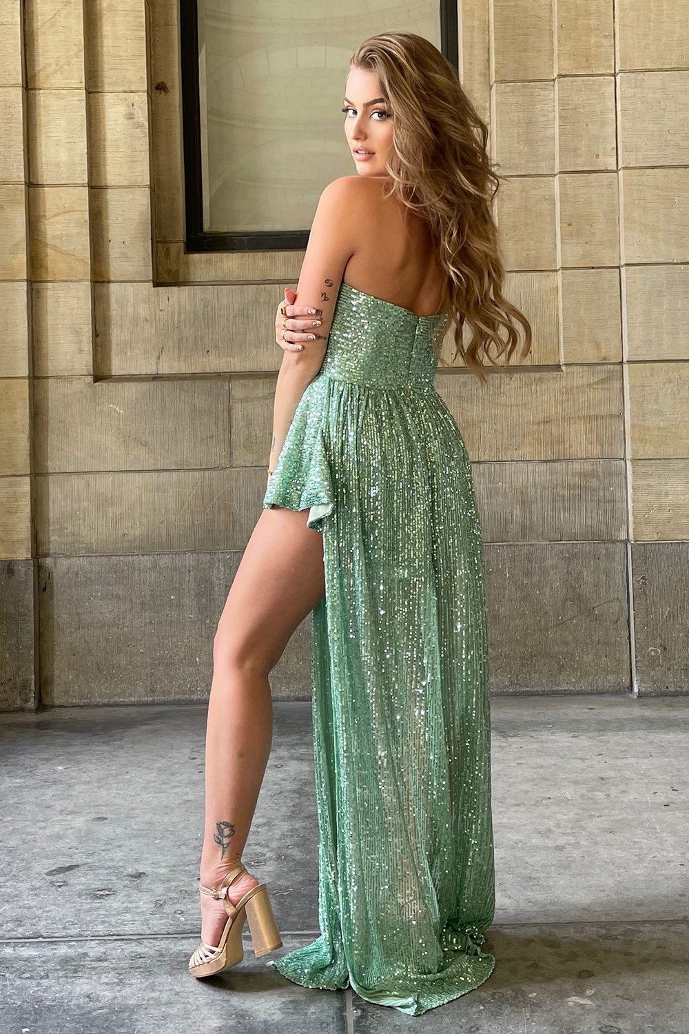Asymmetrical Light Green Halter Sequined Homecoming Dress with Keyhole