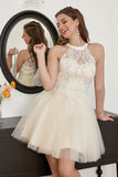 Champagne Beaded Halter Tulle Cute Homecoming Dress