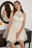 Champagne Beaded Halter Tulle Cute Homecoming Dress