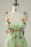 A Line Spaghetti Straps Green Prom Dress With 3D Flowers