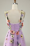 A Line Spaghetti Straps Purple Prom Dress With 3D Flowers