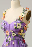 A Line Purple Spaghetti Straps Prom Dress With 3D Flowers