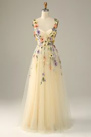 Champagne Spaghetti Straps Prom Dress With 3D Flowers