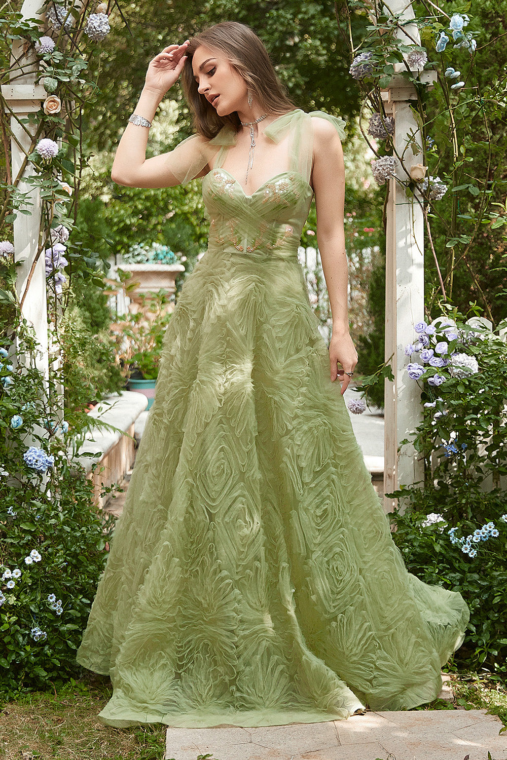 Women Light Green Prom Dress Tulle A-line Party Dress with Beading
