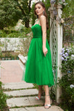 Green Tulle A-line Midi Prom Dress with Ruffles
