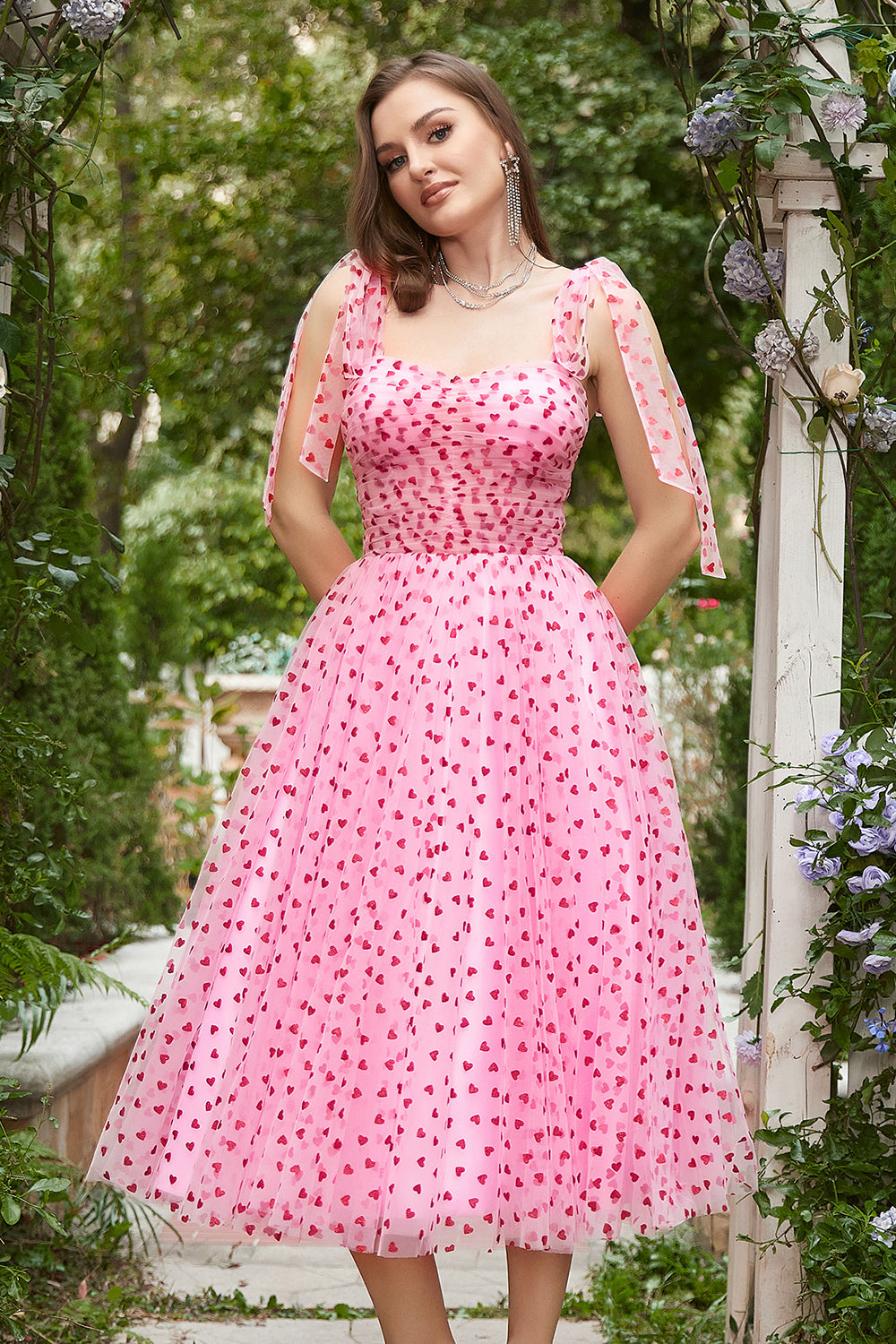 Pink Tulle A-line Midi Prom Dress with Hearts