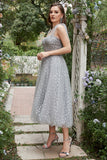 Grey Spaghetti Straps Tea-Length Prom Dress With Bowknots