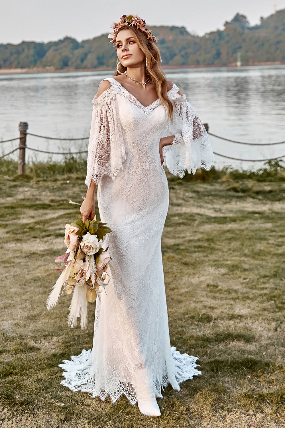 Zapaka Women Boho Wedding Dress Ivory Lace Mermaid Cape Sleeve Cold  Shoulder Beach Bridal Dress – ZAPAKA